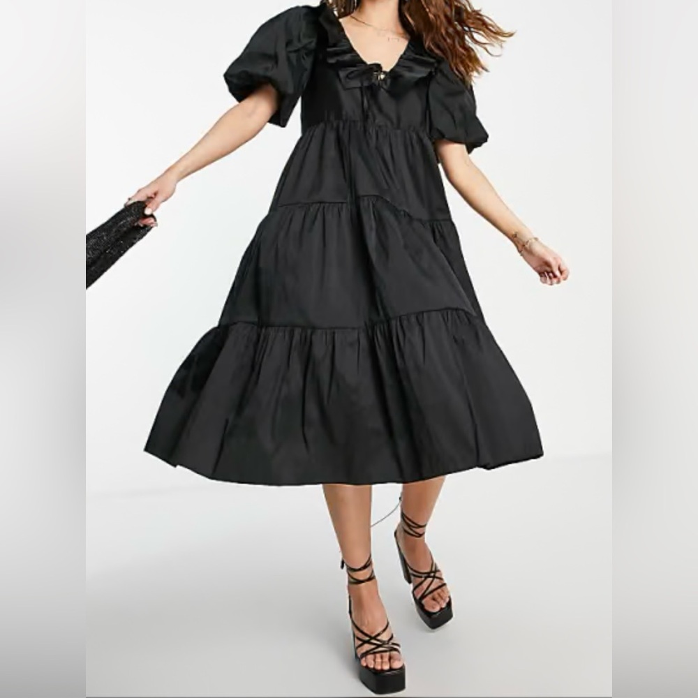 TOPSHOP Tiered Front Taffeta Midi Black Dress Size 14 - Picture 1 of 6